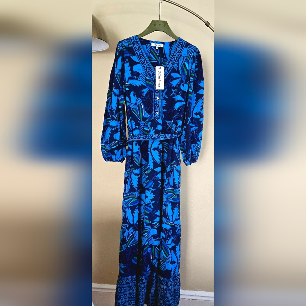 NWT CELINA MOON Size:XS Blue Patterned Long Sleeve Maxi Dress